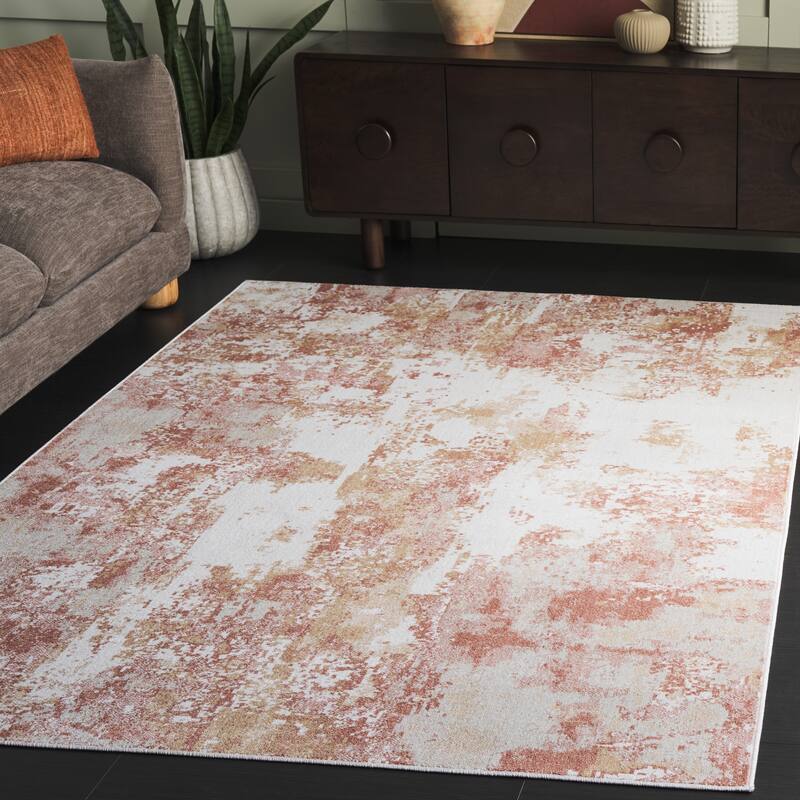 SAFAVIEH Bayside Machine Washable Drahusa Modern Abstract Rug - 4' x 6' - Ivory/Orange Beige