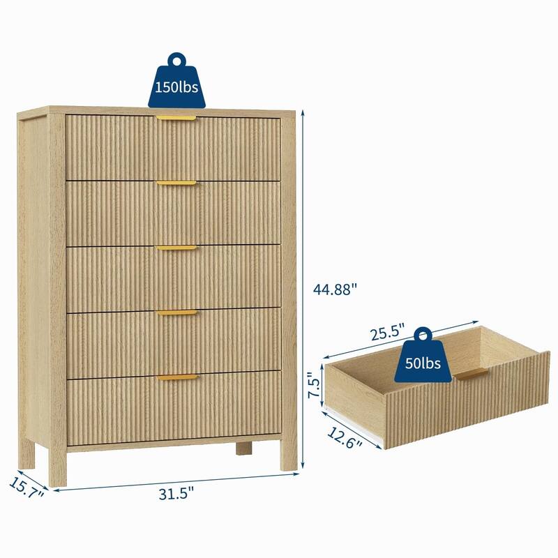 Fluted 5 Drawer Dresser, 45 Inch Tall Slim Dresser for Small Spaces, Modern Farmhouse Wooden Chest of Drawers for Bedroom