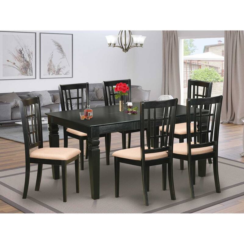 HomeStock 7-Piece Rectangle Black Finish Solid Wood Top Dining Table with 6 Chairs with Lattice Back