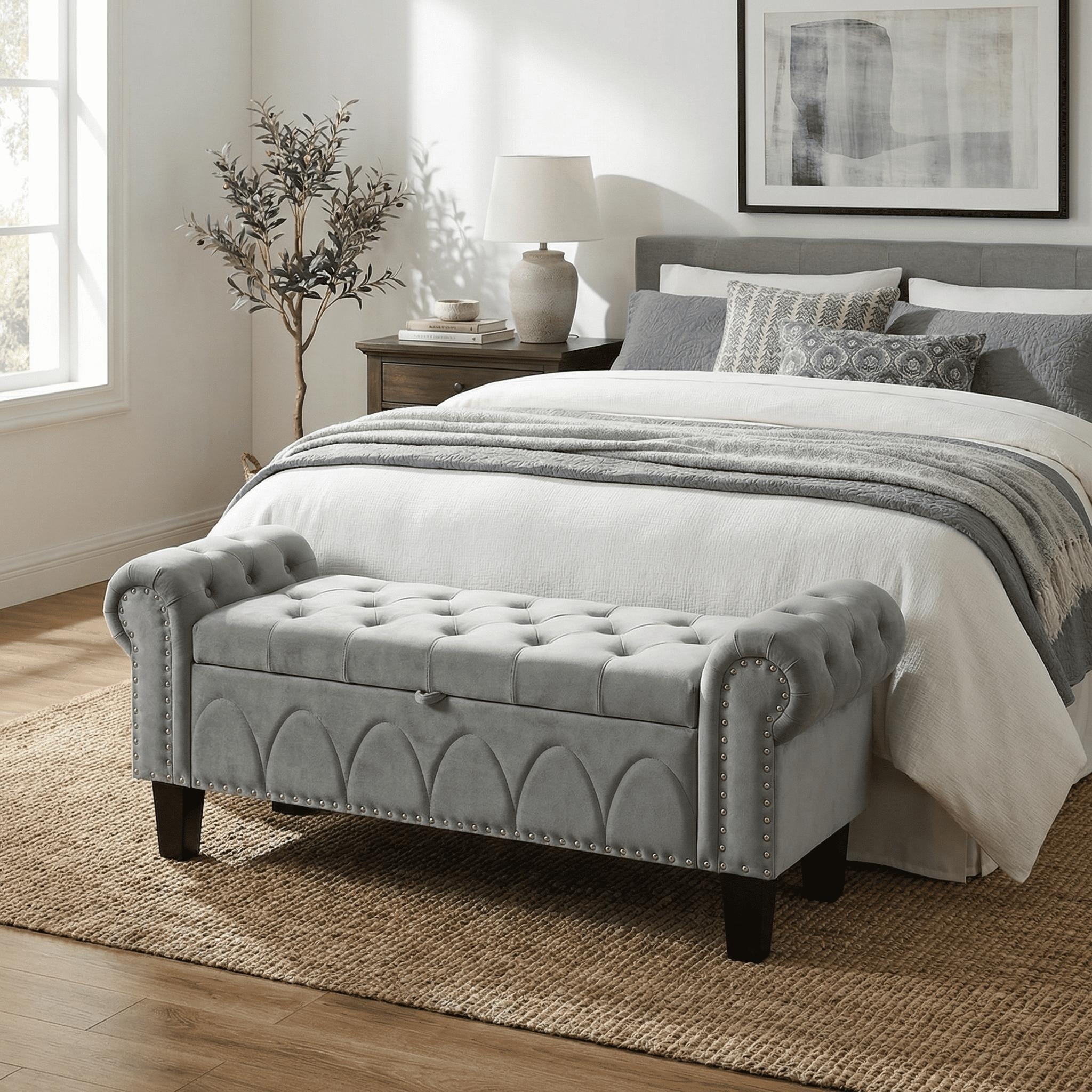 50 Upholstered Storage Bench with Flip-Top, Tufted Seat, Rolled Arms & Nailhead Accents, Perfect for Bedroom & Living Room