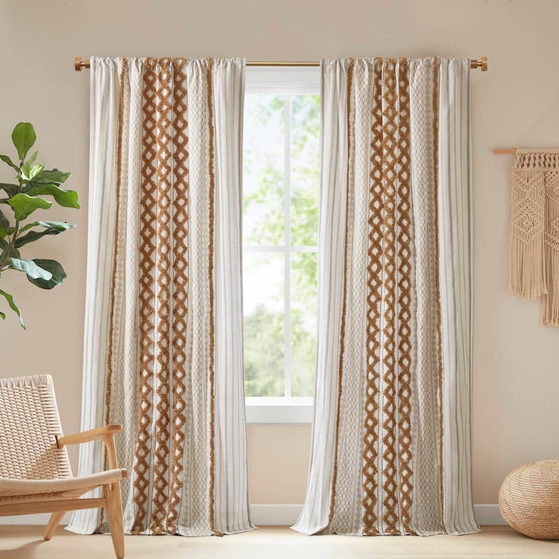 INK+IVY Imani Cotton Printed Single Curtain Panel with Chenille Stripe and Lining - 50x95" - Terracotta
