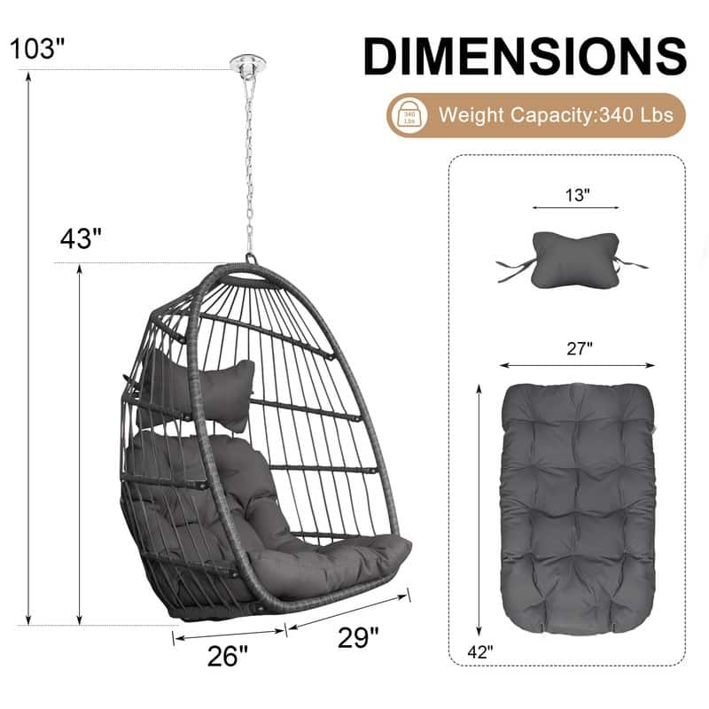 Outdoor Indoor Wicker Foldable Hanging Egg Chair Without Stand, Patio Swing Chair with Cushion, 340 lb Capacity