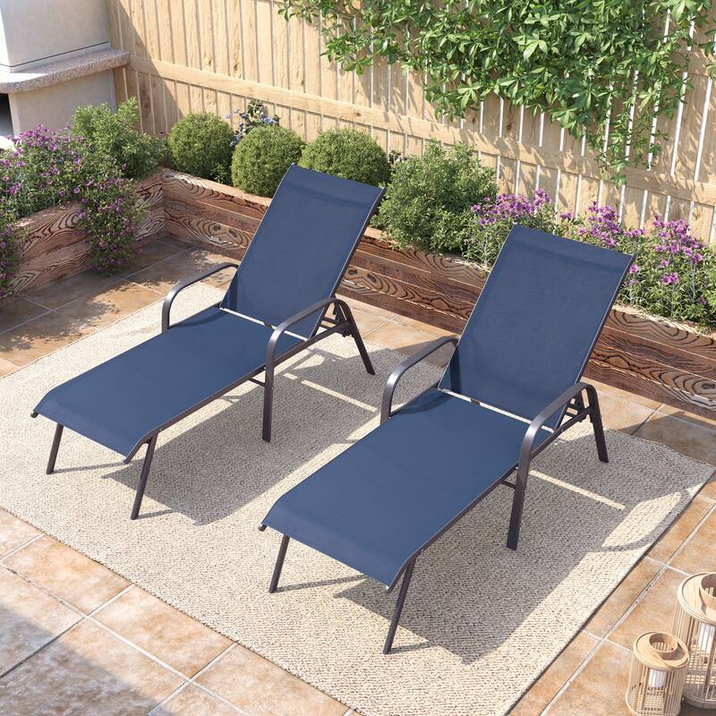 Pellebant Outdoor Adjustable Patio Chaise Lounge Chairs with Armrest Set of 2 - NavyBlue