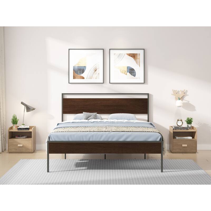 Black Metal and Walnut Brown Wood Queen Platform Bed