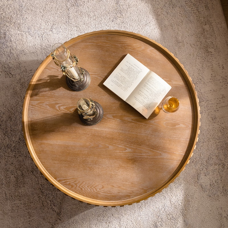 Coffee Table Round Wood Modern Solid Wood Veneer Handcrafted Relief Tea Table with Sturdy Pedestal for Apartment,Living Room