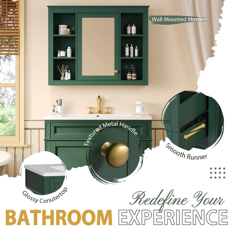 Freestanding Bathroom Vanity & Wall Mounted Mirror Cabinet Set with Resin Sink, Open Shelves, Drawers and Adjustable Shelves
