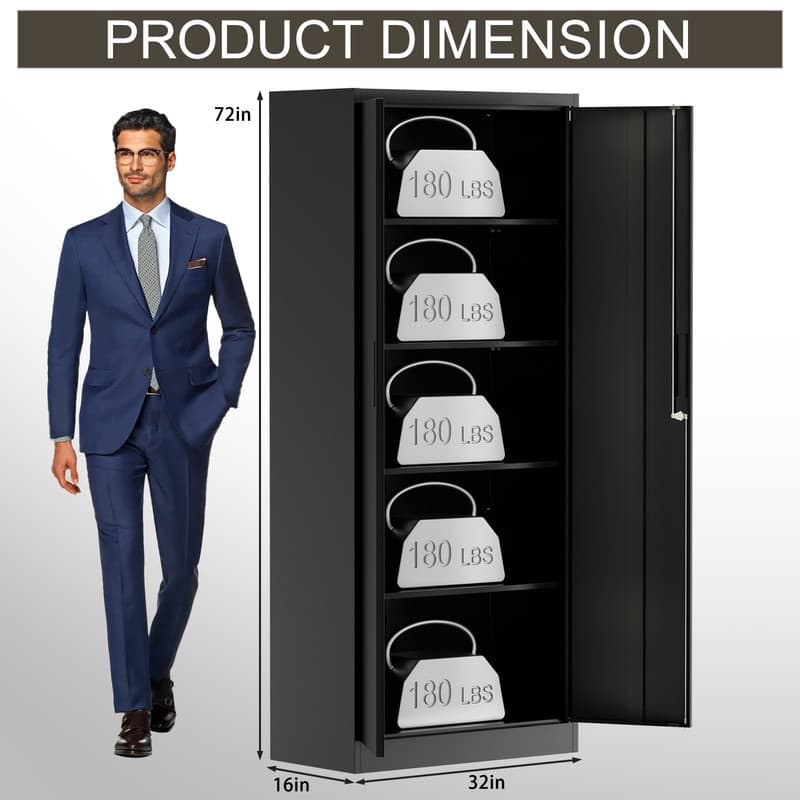 72"H Metal File Storage Cabinet with 2 Doors & 4 Adjustable Shelves