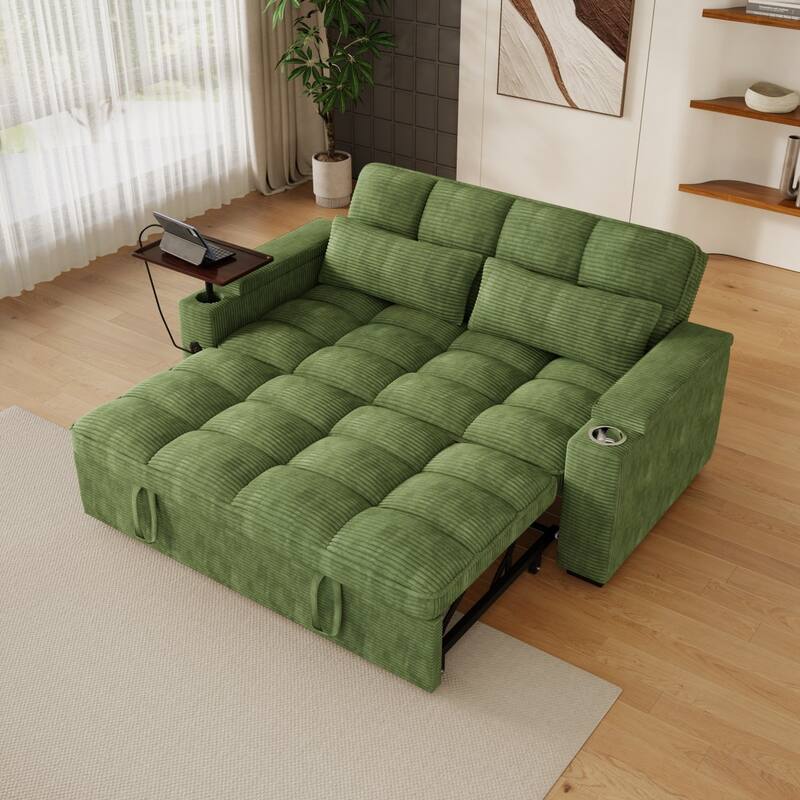 65'' Chenille 3-in-1 Folding Sectional Sofa with 360-Degree Swivel Side Table
