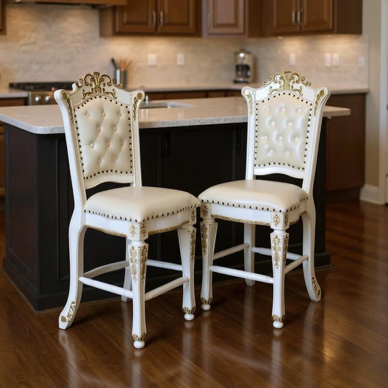 HomeRoots Set of Two 24" Pearl and White Faux Leather and Wood Counter Height Bar Chairs - Counter Height - Pearl - Set of 2