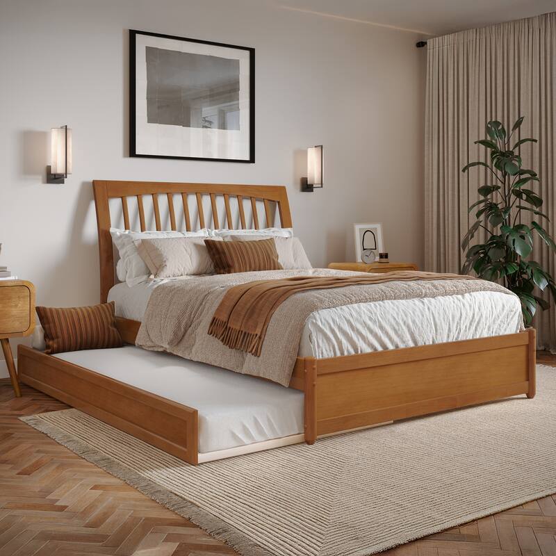 Roslyn Platform Bed with Panel Footboard and Twin Trundle - Light Toffee - Full