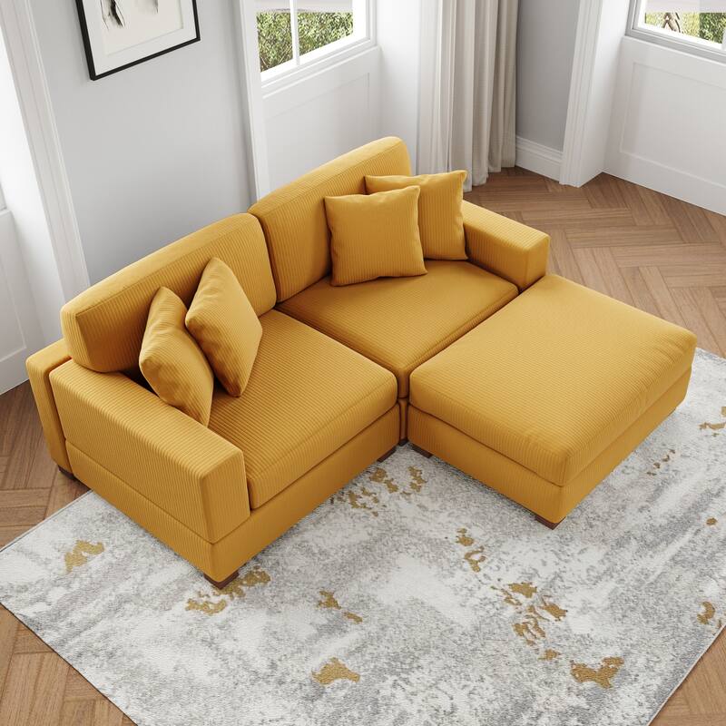 Ella 82" W/ 118" W Corduroy Modular Sectional Sofa with Ottoman
