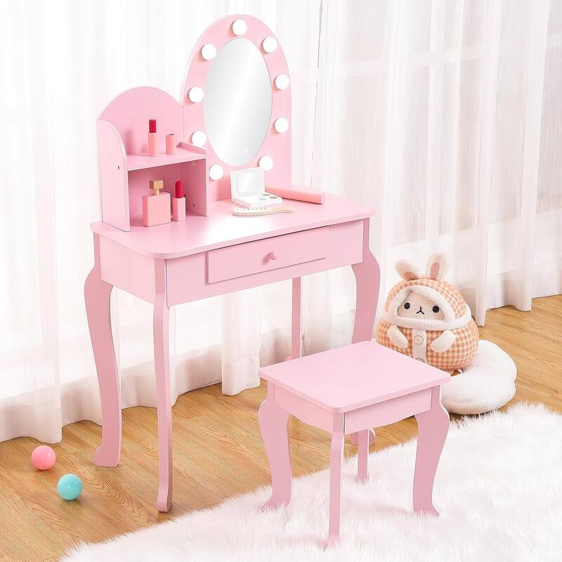 Kids Vanity Dressing Table Toy, Princess Makeup Desk Set with Light - Pink