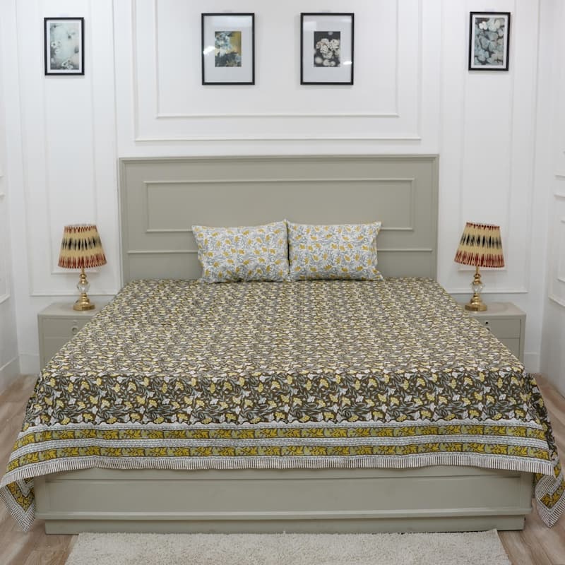 Fabdivine Cotton Hand Block Floral Flat Sheet Bed Room Home Décor Accent Gift