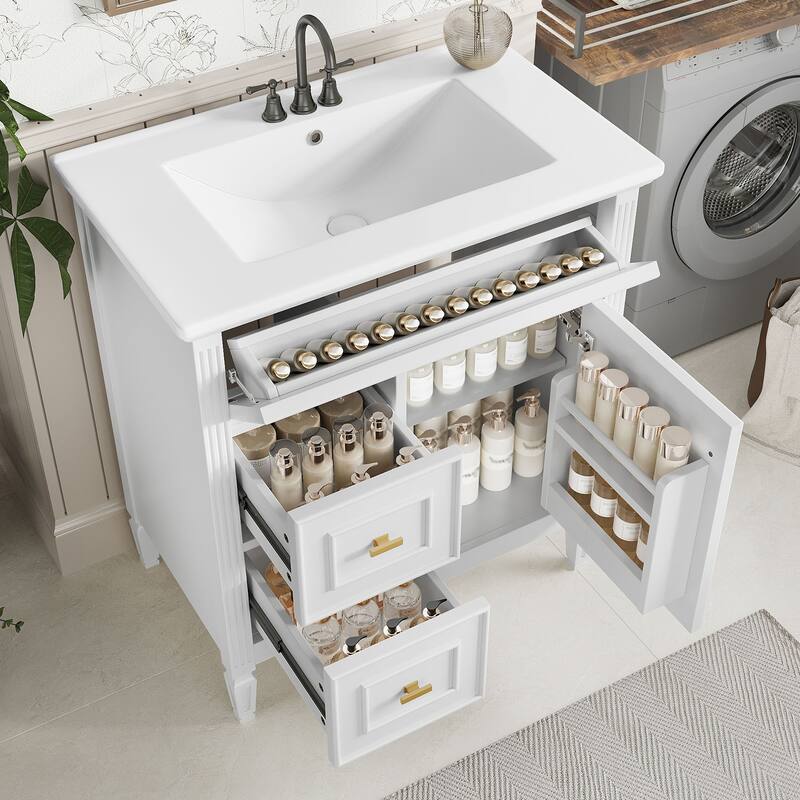 30" White Bathroom Vanity Cabinet with Sink, Flip Drawer, Adjustable Shelf and 2 Drawers - 30 in.W x 18.4 in.D x 33.7 in.H