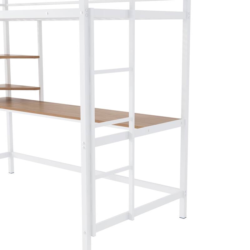 Modern Twin Metal Loft Bed with Desk and Shelve