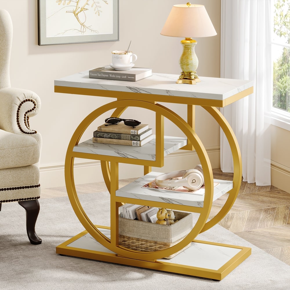 Industrial 4-tier Wood Narrow Side End Table with Storage Shelves