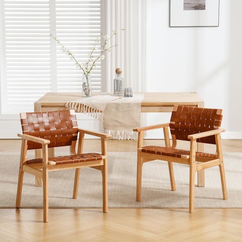 Woven Leather Dining Chairs with Solid Wood Frame - 29.7"H x 21.7"W x 22.8"D