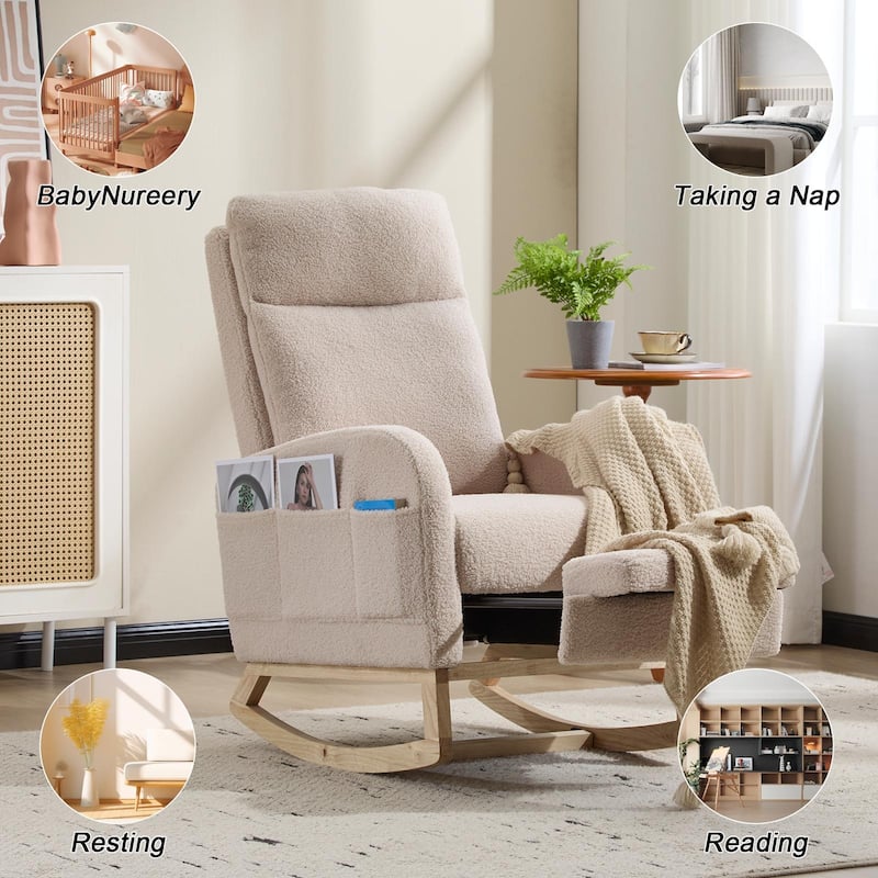 Polyester Fabric Rubber Wood Accent Rocking Chair with Side Pocket - 29.5"D x 24.8"W x 40.9"H