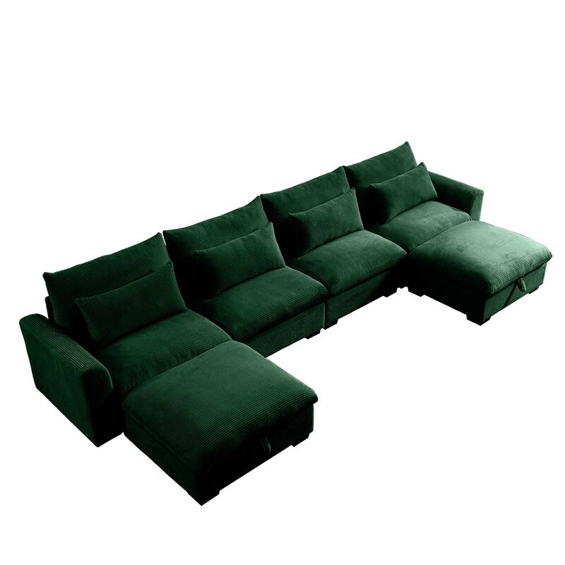 GDFStudio - Winslow Corduroy 4 Seater Sofa Couch with 2 Storage Ottomans and Pillows