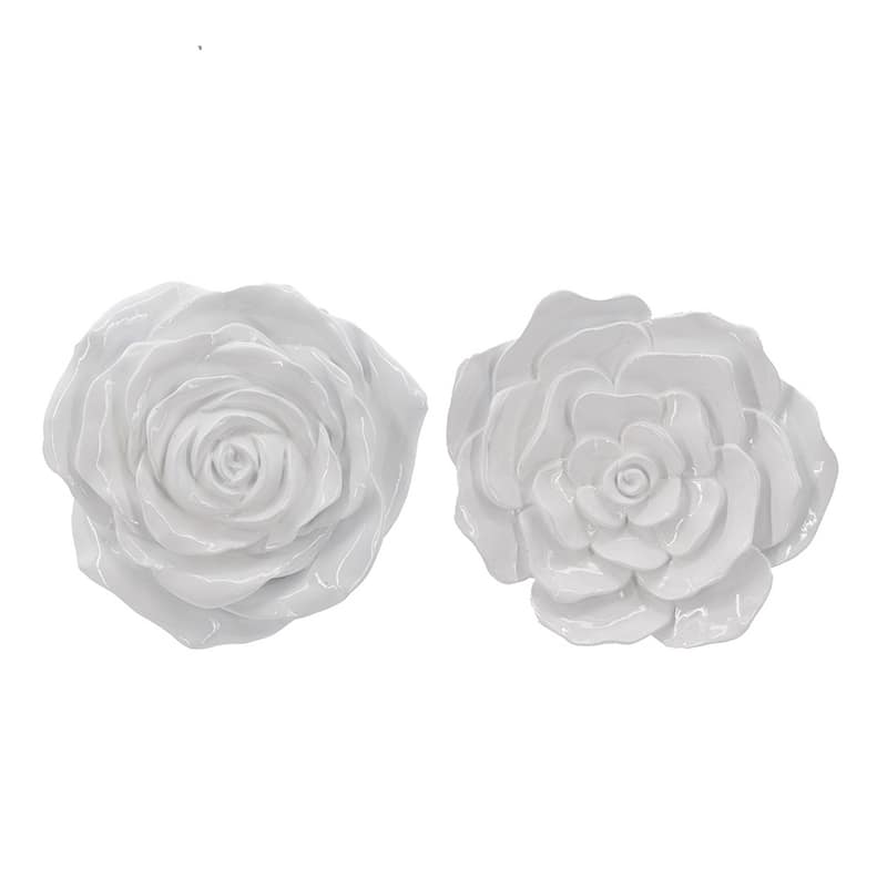 Dazzle 7, 8 Inch Rose Hanging Wall Accent Set of 2, White Resin 3 Dimensional