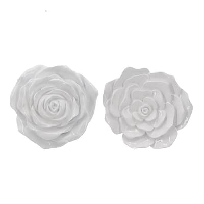 Dazzle 7, 8 Inch Rose Hanging Wall Accent Set of 2, White Resin 3 Dimensional