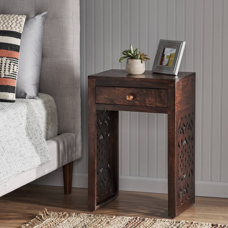 Roomfitters Dark Wood Nightstand with Lattice Cutout Legs and Single Drawer, Boho Bedroom End Table, Brown - Brown