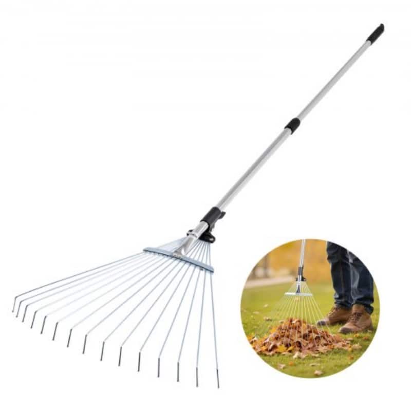 Stainless Steel Leaf Rake with 15 Metal Tines for Lawn - 62.99 x 22.44 x 2.17 in