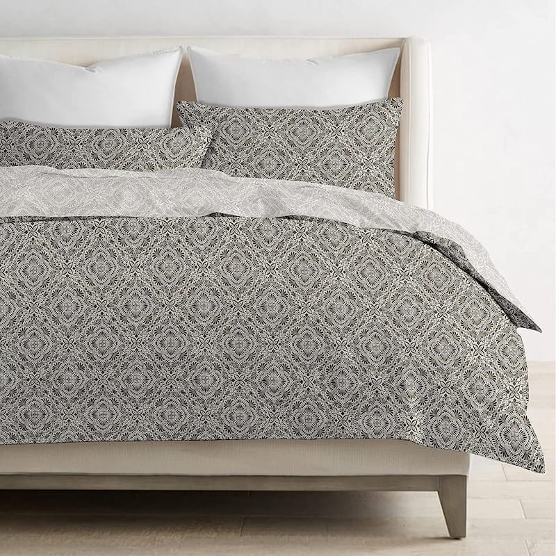 Delara GOTS Certified 100% Organic Cotton Floral Reversible Print Duvet Cover and Sham Set of 2, Brown
