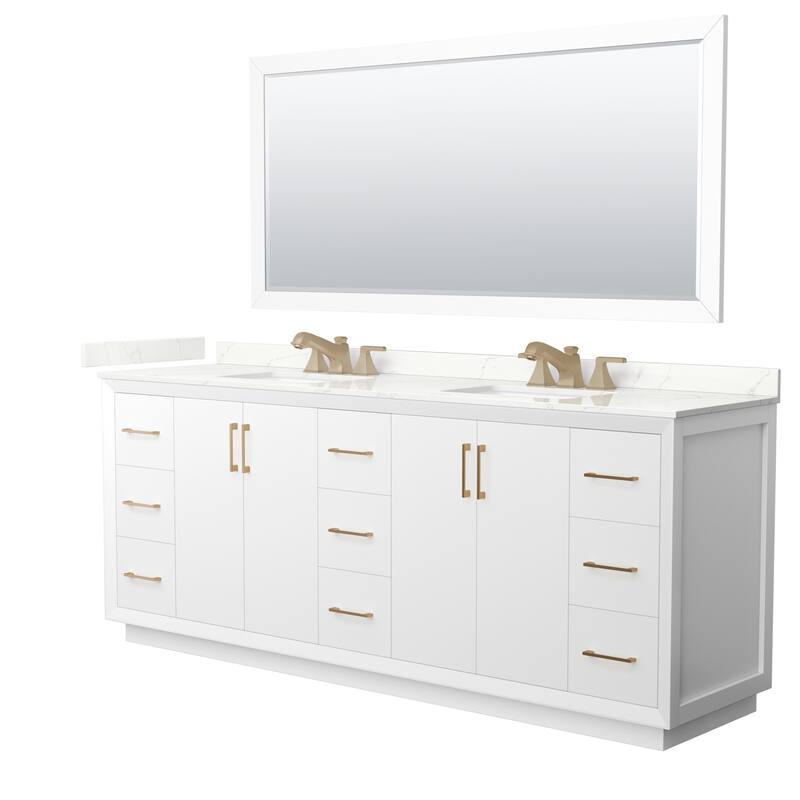 Wyndham Collection WCF414184D-QTZ-US3M70 Strada 84" Free Standing - White / Giotto Quartz Top / Satin Bronze Hardware