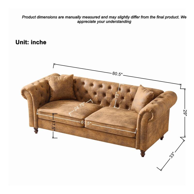 Roomfitters 80" + 63" Classic Chesterfield Upholstered Sofa and Loveseat Set, Button Back Scrolled Arm Couch, Brown