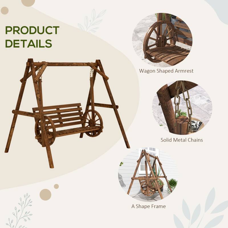 2-Person Wooden Patio Swing Chair with Adjustable Seat Height and Wagon Wheel Design for Backyard - 78.75" W x 54" D x 65.75" H