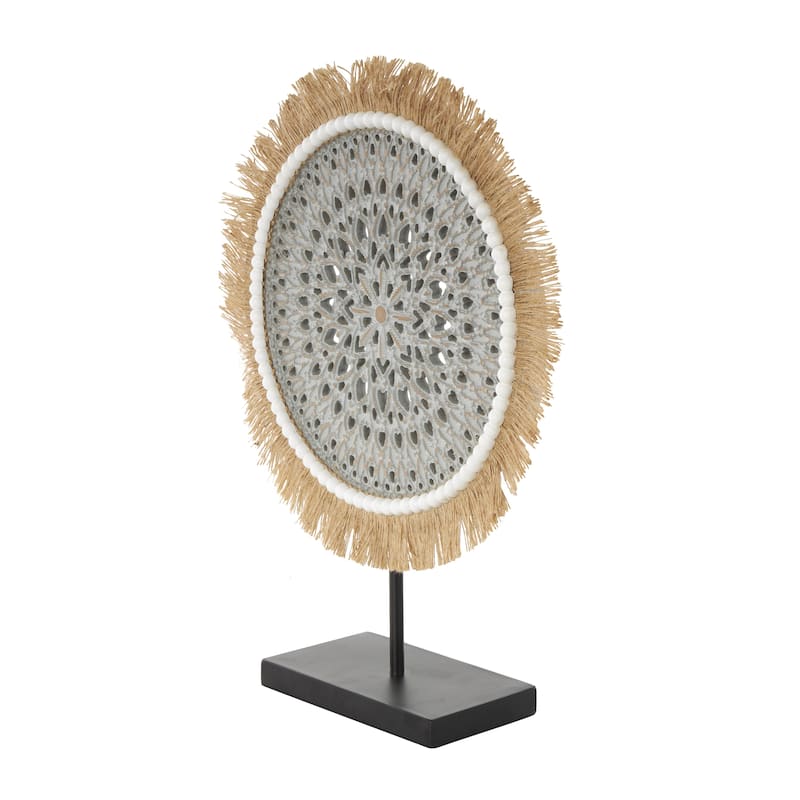 Wooden Tribal Handmade Seagrass Fringed Decorative Sculpture with Black Base - White or Gray - Roche River Decor