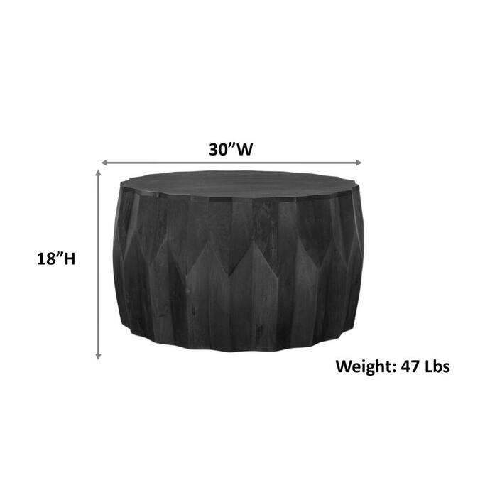 Facet 30" Diamond Carved Round Mango Wood Coffee Table - Elegant Cylindrical Base, Walnut Finish Accent Table