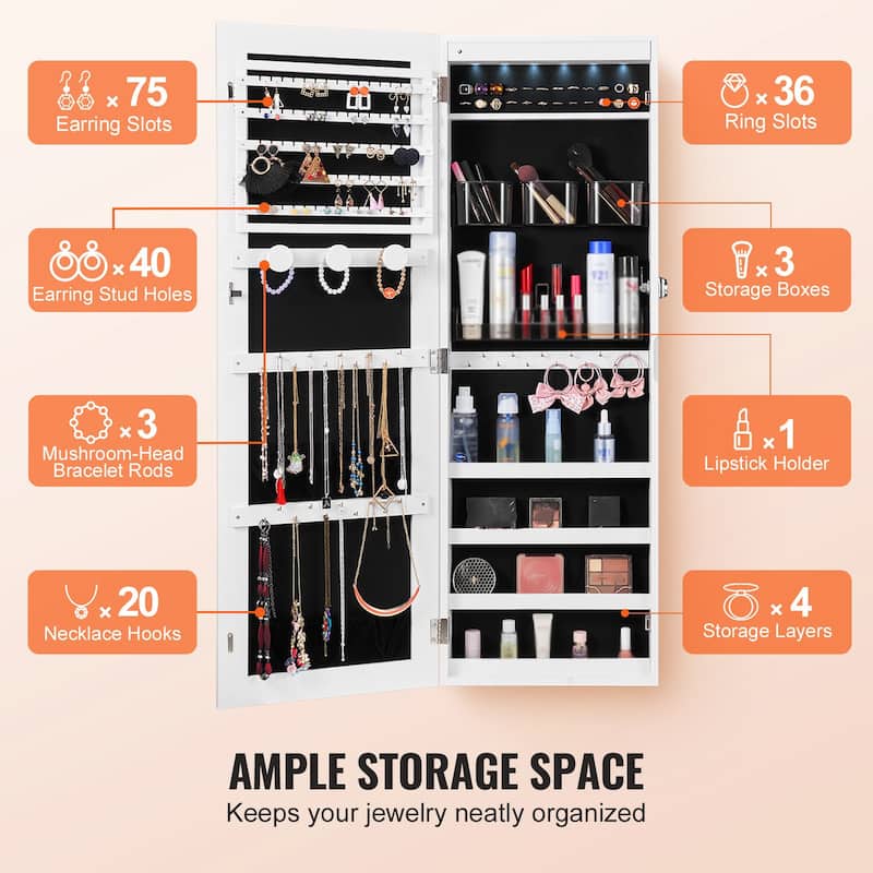 Wall Mounted Jewelry Cabinet with Full-Length Mirror and Lock