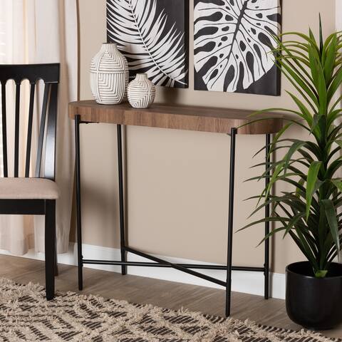 Savion Modern Industrial Walnut Brown Finished Wood and Black Metal Console Table