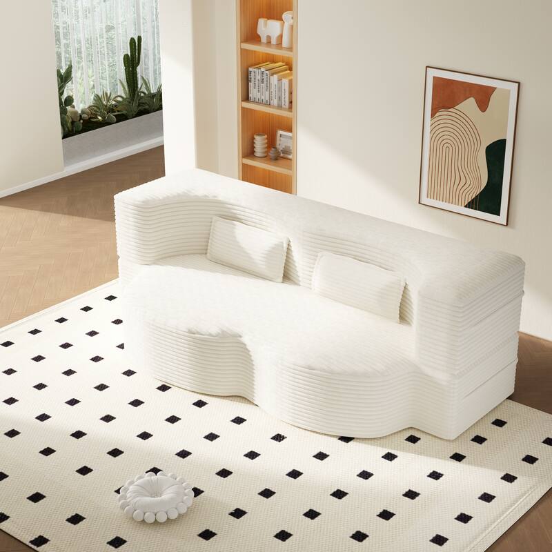 Modern 78.7" Floor Sofa With 2 Pillows For Small Pace Living Room, Convertible Sleeper Sofa Bed - Beige Corduroy