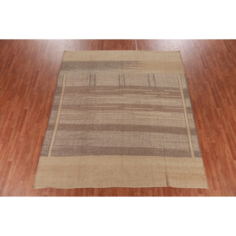 Hand Woven Oriental 100% Jute Carpet Modern Stripe Brown Kilim Area Rug - 9' 9'' X 8' 7''