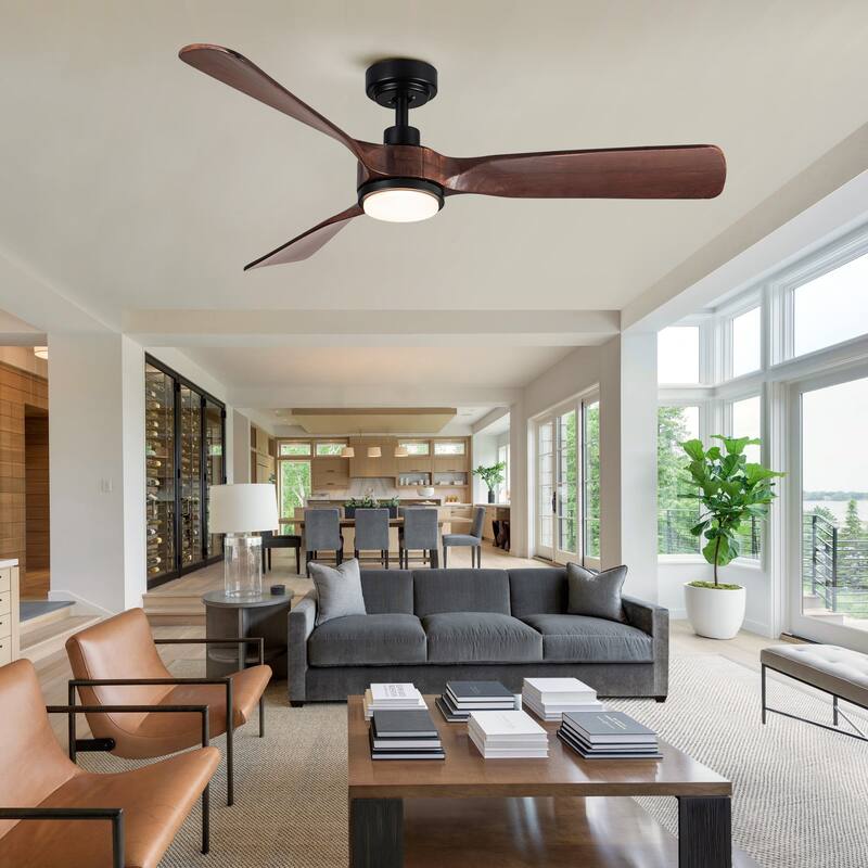 52In. Farmhouse Indoor Flush Mount Low Profile Ceiling Fan with Solid Wood Blades - 52 INCHES