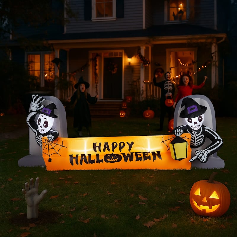 Outdoor Halloween Inflatable Banner 9.6 ft with Glowing LED Skeletons Tombstone Decoration