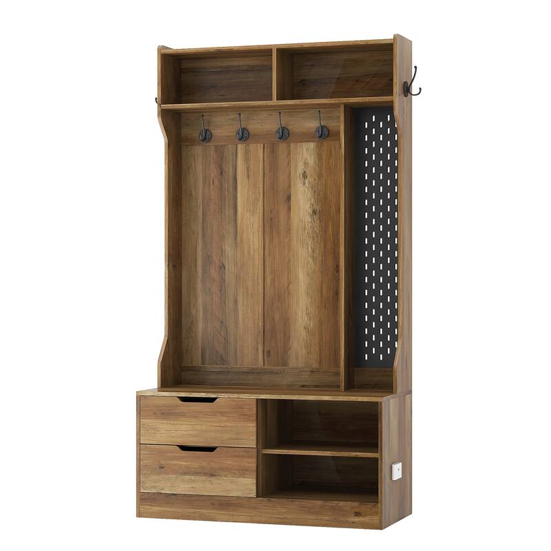 Modern Coat Rack Stylish Hallway Rack with Shoe Bench Storage Compartment 6 Hooks, Storage Bench, for Entryway, Hallway, Brown