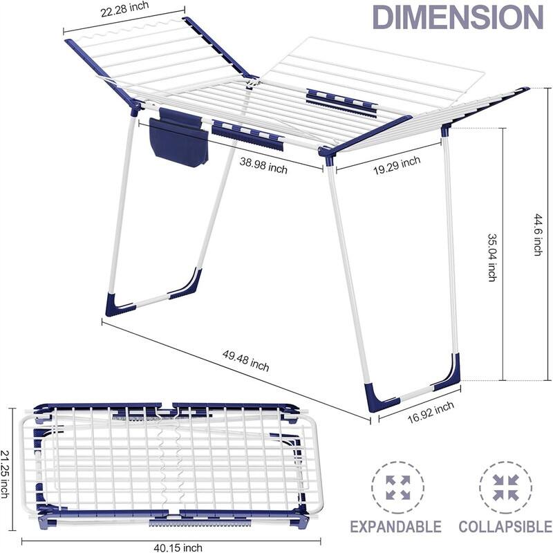 Clothes Drying Rack, Foldable Laundry Rack with Sock Clips - 34.64"D x 65.74"W x 42.12"H