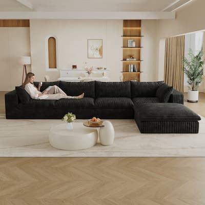 157.6" L-shape Corduroy Fabric Cloud Sofa with Deep Seat Couches and Double-layer Design