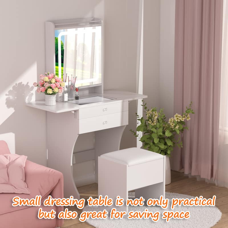 Vanity Set for Small Bedrooms - Small Space Makeup Vanity with Stool, Compartmentalized Drawers & 20cm Foldable Side Tables