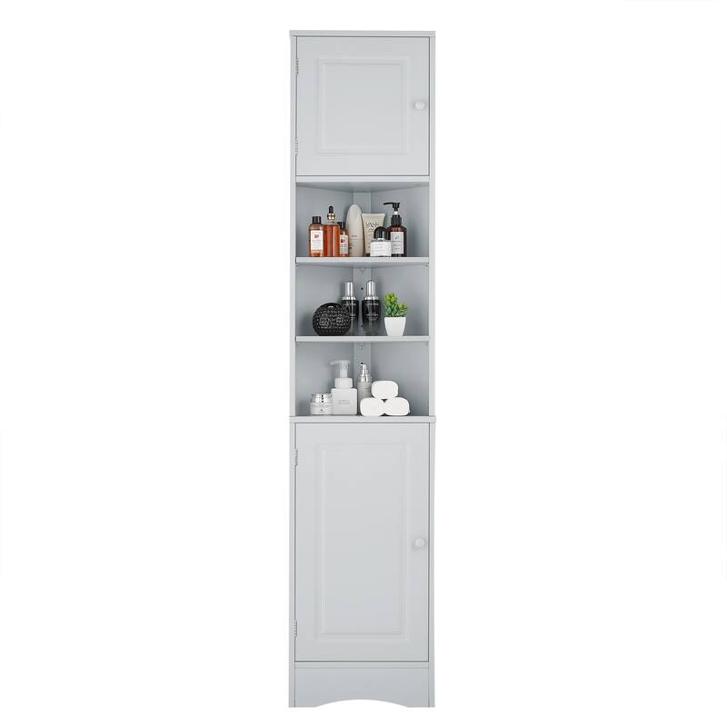 Multi-Functional Corner Cabinet Tall Bathroom Storage Cabinet with Two Doors and Adjustable Shelves, Open Shelf