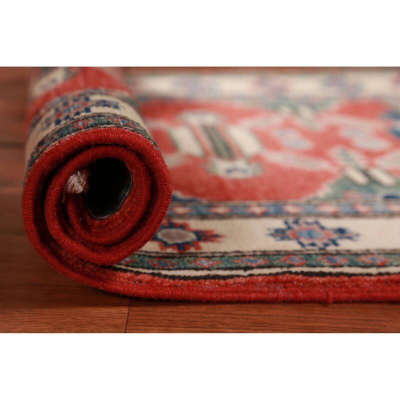Geometric Kazak Accent Rug Oriental Hand-Knotted Wool Carpet - 2'0"x 3'0" - 2'0"x 3'0" - Red