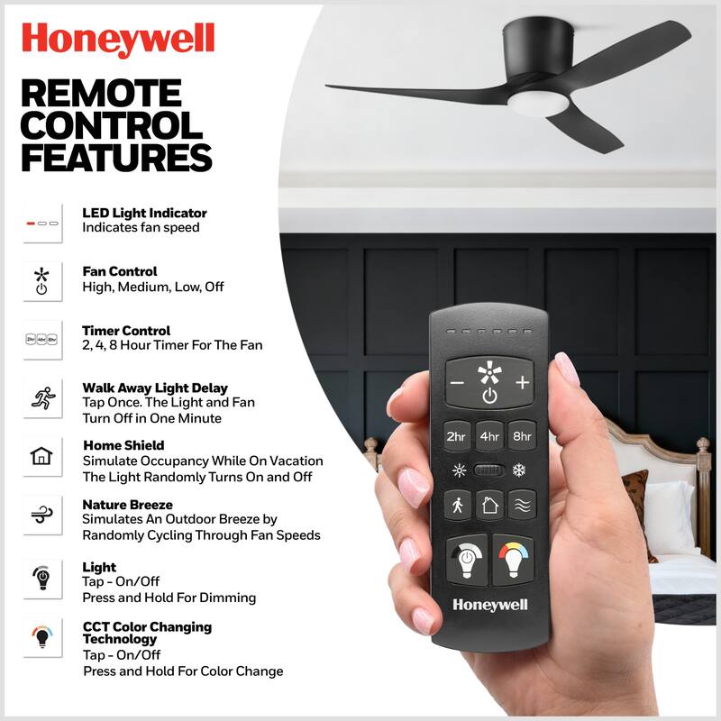 52" Honeywell Lynton Matte Black Damp-Rated Hugger Ceiling Fan with LED Light and Remote - Matte Black