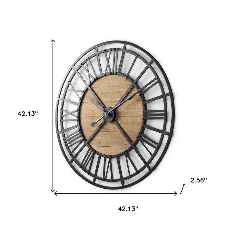HomeRoots 42" Black And Natural Iron And Wood Analog Round Wall Clock - 42.13 in. x 42.13 in. x 2.56 in.