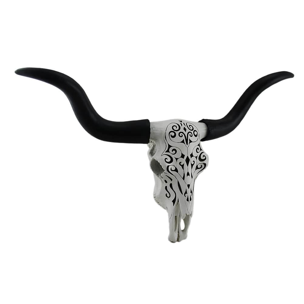 Longhorn And Lace Black & White Filigree Design Hanging Steer Skull