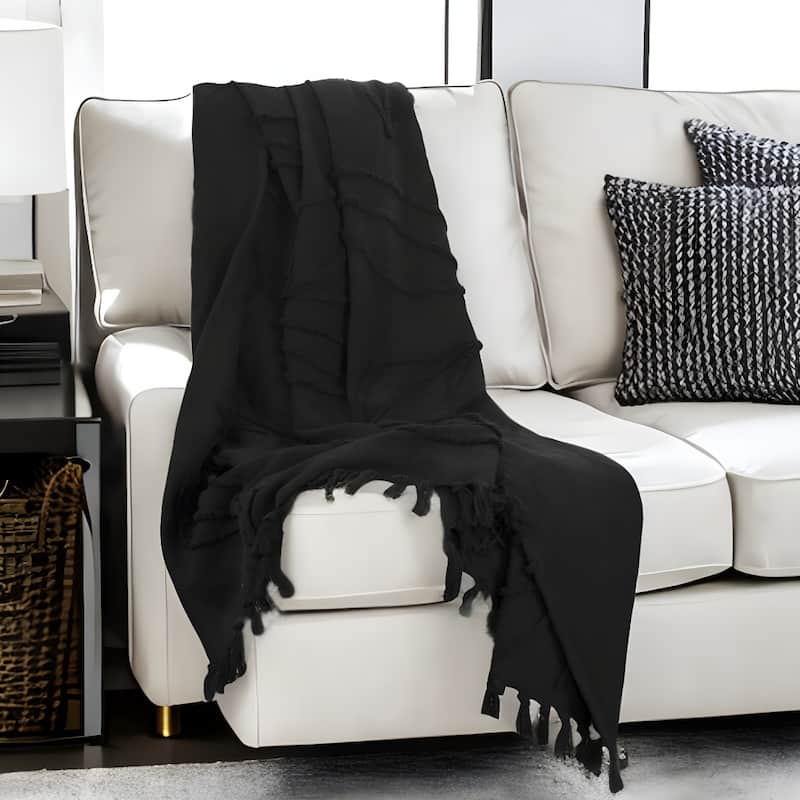 HomeRoots Black Woven 100% Woven Textured Cotton Throw Blanket - Throw - Black