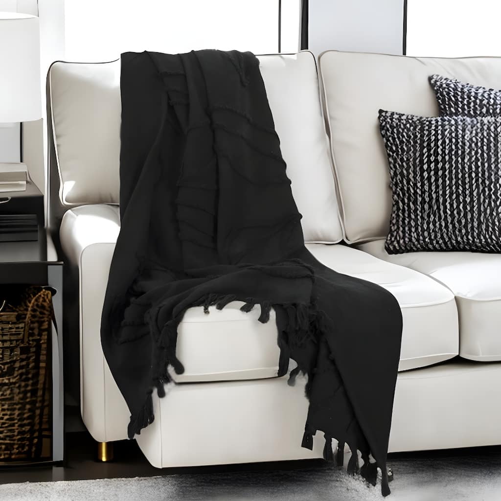 HomeRoots Black Woven 100% Woven Textured Cotton Throw Blanket